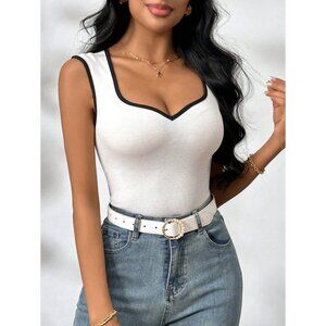 White Black Contrast Trim Sleeveless Ribbed Top Plazacore Business Minimalist